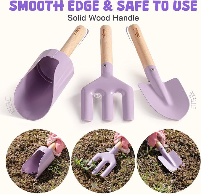 ROBUD Kid Gardening Set, Purple Wooden Garden Tool for Kid, Garden Tool Kit with Tool Storage Bag, Apron, Gloves, Montessori Toys for Kids to be Closed to Nature, WRP52