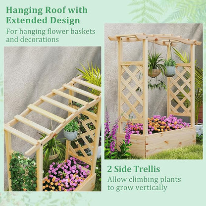 HAPPYGRILL Raised Garden Bed with Trellis, 2 Wood Planter Box w/Hanging Roof, Drainage System, Elevated Garden Box for Climbing Vine, Outdoor Planter w/Trellis for Patio Balcony, 44" x 14" x 45"