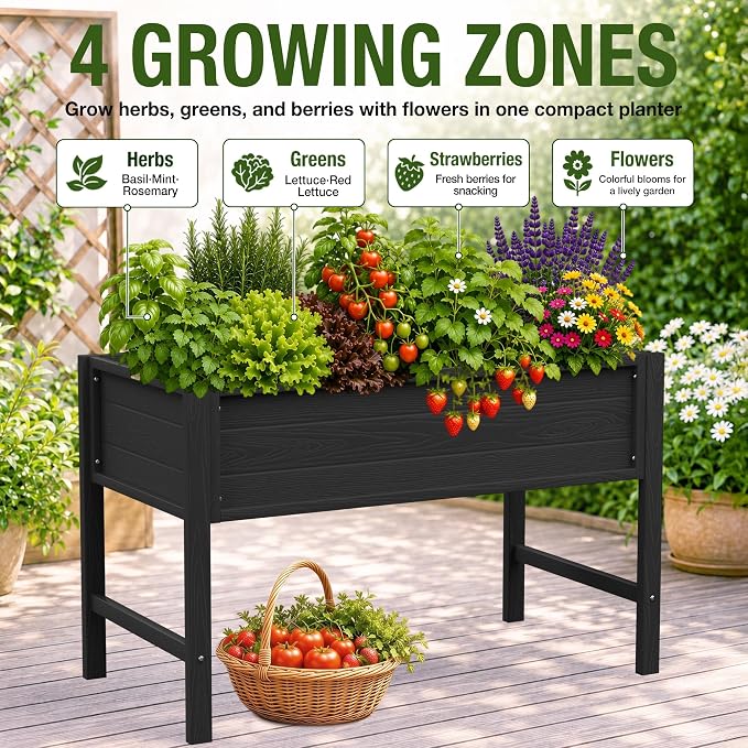 YEFU 48" Raised Garden Bed with Legs, HIPS Outdoor Garden Bed, Black | Raised Garden Bed with Legs for Patios & Decks, 30" Height, Wood-Look HIPS, Drainage, 385 lbs Support for Vegetables & Herbs