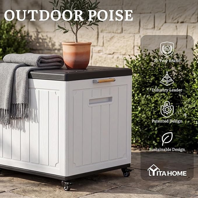 YITAHOME 90 Gallon Outdoor Storage Box with 6 Swivel Wheels & Dual Wooden | Large Double-Wall Resin Deck Box, Lockable Waterproof Patio Organizer for Furniture, Cushions, White & Black