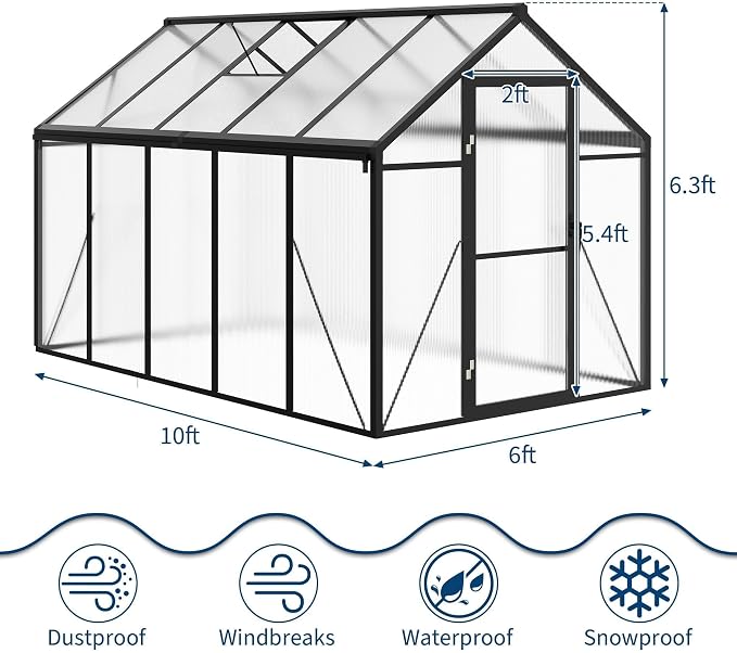 6x10 FT Greenhouse for Outdoors, Polycarbonate Greenhouse with Roof Vent, Ground Nails, Lockable Push Door, Aluminum Large Walk-in Green House for Outside Garden Backyard, Patio, Lawn, Black