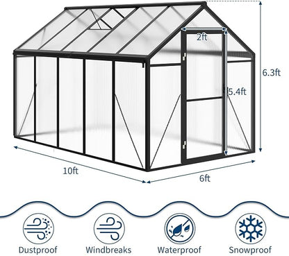 6x10 FT Greenhouse for Outdoors, Polycarbonate Greenhouse with Roof Vent, Ground Nails, Lockable Push Door, Aluminum Large Walk-in Green House for Outside Garden Backyard, Patio, Lawn, Black