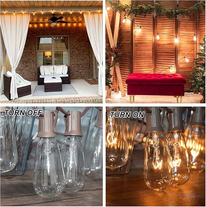Abeja Outdoor String Lights 20Ft with 20 Vintage Bulbs(2 Spare) ST40 String Lights, Waterproof UL Listed for Patio Garden Backyard Party Decor, 7W, E12 Socket Base, Brown