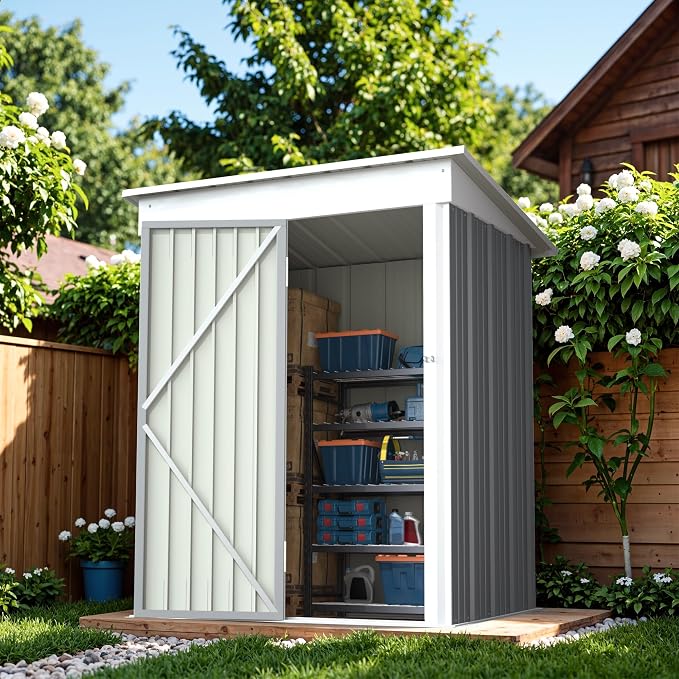 Greesum Outdoor Storage Shed 5 x 3 ft. Utility Tool Shed Metal Storage Garden Shed with Door & Lock for Patio Storage, Gray