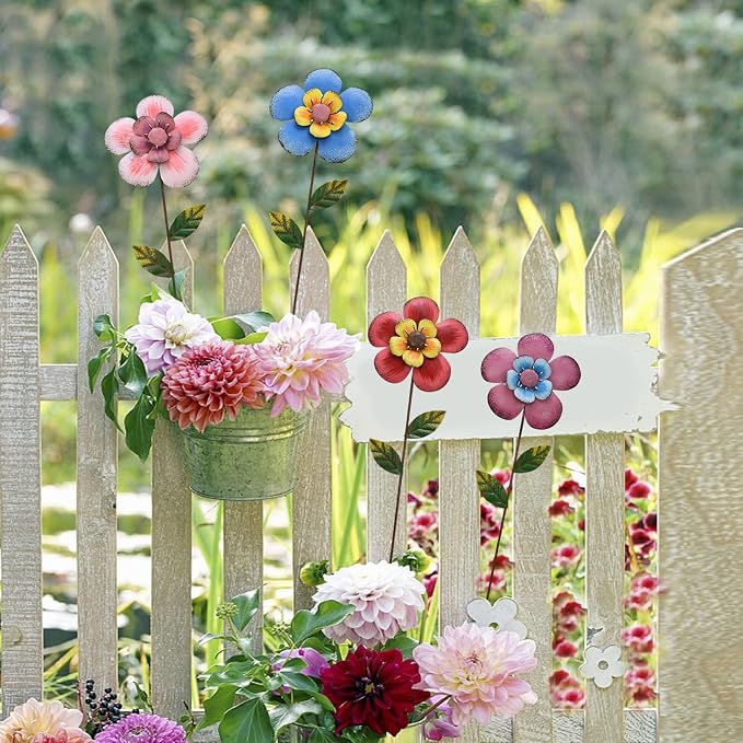 4pack Metal Flower Garden Stake for Spring Decor, 16" H Rustic Flowers Picks Garden Decor for Outside, Floral Yard Art Ornament for Patio Lawn Pot Pathway Decorations