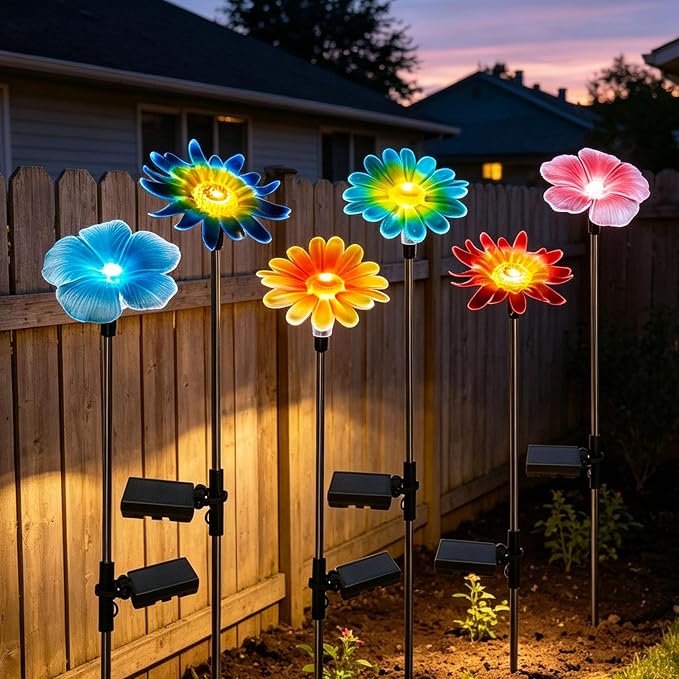 6 Pack Solar Garden Lights Outdoor Decor,Stake Yard Figurine Colorful Flower Light, Housewarming Ornament for Patio, Lawn, Yard, Pathway (Art Deco)
