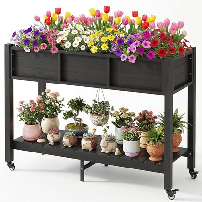 DWVO 47x18x31in Raised Garden Bed Outdoor HDPE with Legs and Lockable Wheels, Weather-Resistant Poly-Wood Elevated Planter Box, Double Tier Planters for Backyard Patio Balcony, Black