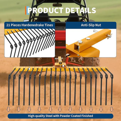 48 Inch Durable Pine Straw Rake Powder Coated Steel Landscape Rake Fits 2" Receiver for Lawn Tractors or ATV/UTV, Orange