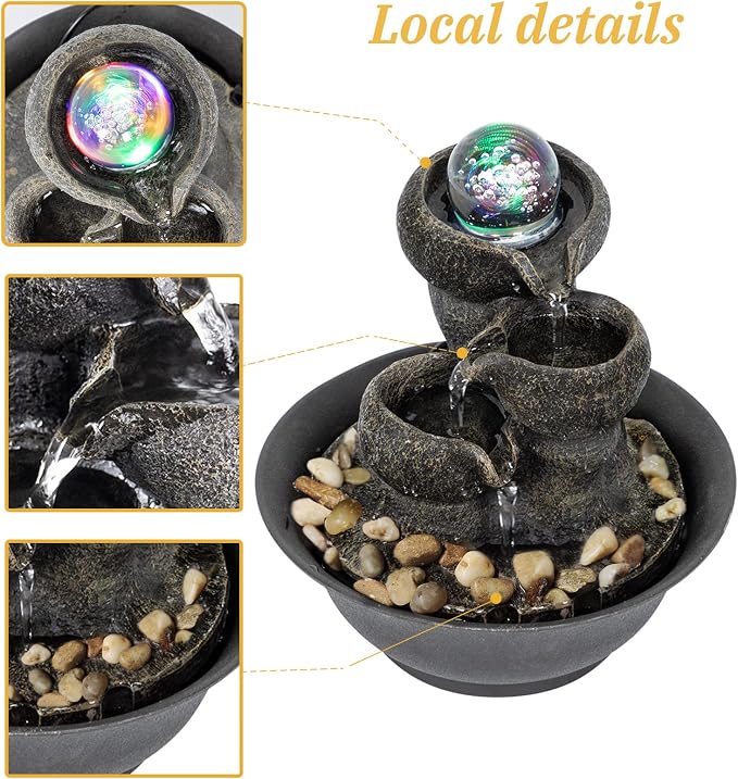 Ferrisland Indoor Tabletop Water Fountain, Desktop & Table Waterfall Fountains, Relaxation Fengshui Home Decor with LED Light for Home Office Bedroom House Warming Gift Idea (Three Stairs)