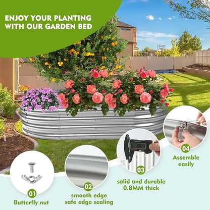 12" Tall Oval-Shaped / Elliptic Metal Raised Garden Bed Outdoor Silver | 60X32X12 Inch,1FT Tall,0.8MM Thick Galvanized Metal Painted,for Variety of Flowers,Herbs,Vegetables.with Gloves,Tool free