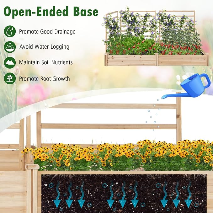 S AFSTAR Raised Garden Bed with 3 Trellis & 2 Planter Boxes, Outdoor Wooden 88" L x 45" W x 43" H Planter Box Kit for Flower Herb Vegetable Fruit Climbing Vines, Gardening Planter for Garden Patio