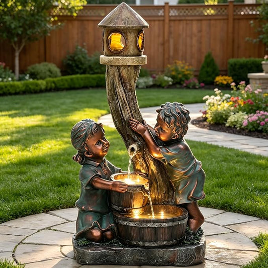31" Boy and Girl Outdoor Fountain LED 3-Tier Waterfall, Faux Bronze | hand-painted antique bronze, Wood barrel and Pagoda design, patio garden,Yard and Porch