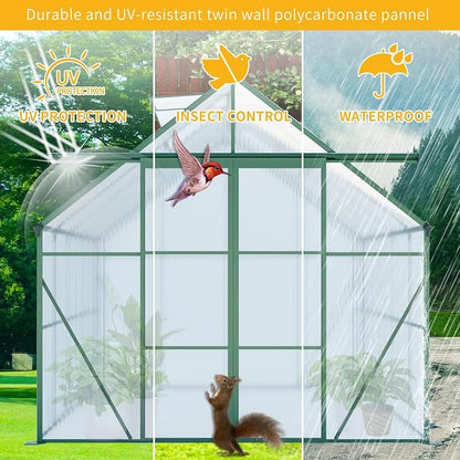 8x6 FT Greenhouse, Walk-in Polycarbonate Greenhouses with Double Sliding Doors, Aluminum Frame, Adjustable Roof Vent, Raised Base & Anchor, Outdoor Backyard Greenhouse for All Seasons, Green