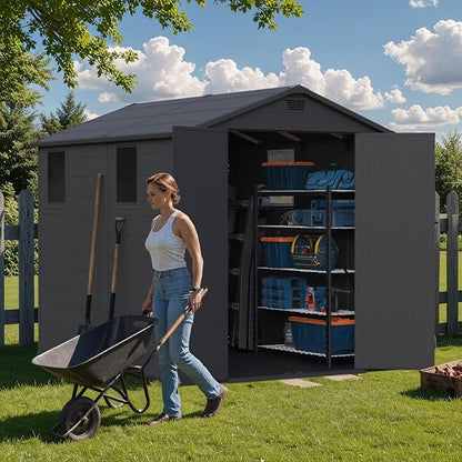 Greesum 6x8FT Plastic Outdoor Storage Shed with Floor, Resin Sheds with Lockable Double Door, Tool Sheds with Window and Vents, for Garden, Yard, Patio, Dark Gray