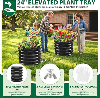 24" Diameter Round Raised Garden Bed - 17 Inch Tall, Heavy-Duty Galvanized Steel Planter Box with Wave-Shaped Panels for Vegetables, Herbs & Flowers (2, Black, 24 Inch Diameter)