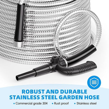 SPECILITE Metal Garden Hose 50ft Heavy Duty 304 Stainless Steel Water Pipe for Yard, Outdoor, RV - Durable, Tough & Flexible, Kink & Tangle Free, Pet-proof, Puncture Resistant with Independent Grip
