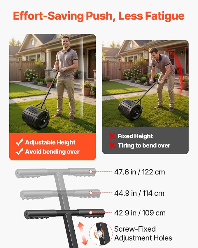 VEVOR Compost Spreader, 16.5" Wide Peat Moss Spreader with T Shaped Handle, 3 Heights Adjustable, Powder-Coated Steel Garden Peat Moss Roller, Heavy Duty Grass Seed Roller for Planting Seeding, Black