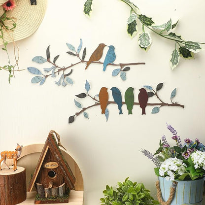 Demissle 2 Pcs Metal Birds Wall Art Decor Vivid Birds on Branch with Leaves Rustic Wall Decor Waterproof Metal Sculpture Hanging Sign for Home Balcony Garden Indoor Outdoor(Stylish Colors)