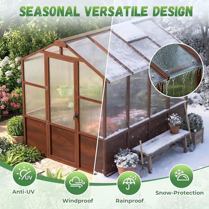 Jocoevol 6x8ft Outdoor Greenhouse, Wooden Frame Polycarbonate Greenhouse with Adjustable Roof Vents and Lockable Door Handle, Walk-in Greenhouse Perfect for Backyard and Garden