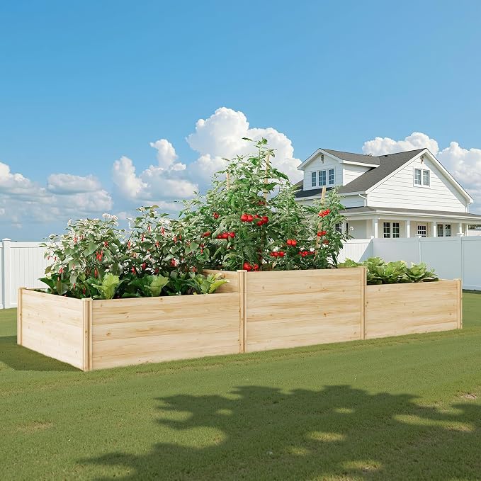 AMERLIFE 2 Tier Raised Garden Bed, Mortise & Tenon Structure 23 Inch Depth Fir Wood Planter Box, 3-Section with Open Base, Ideal for Vegetables, Flowers, Herbs in Backyard/Garden/Patio, 142x49x24 in