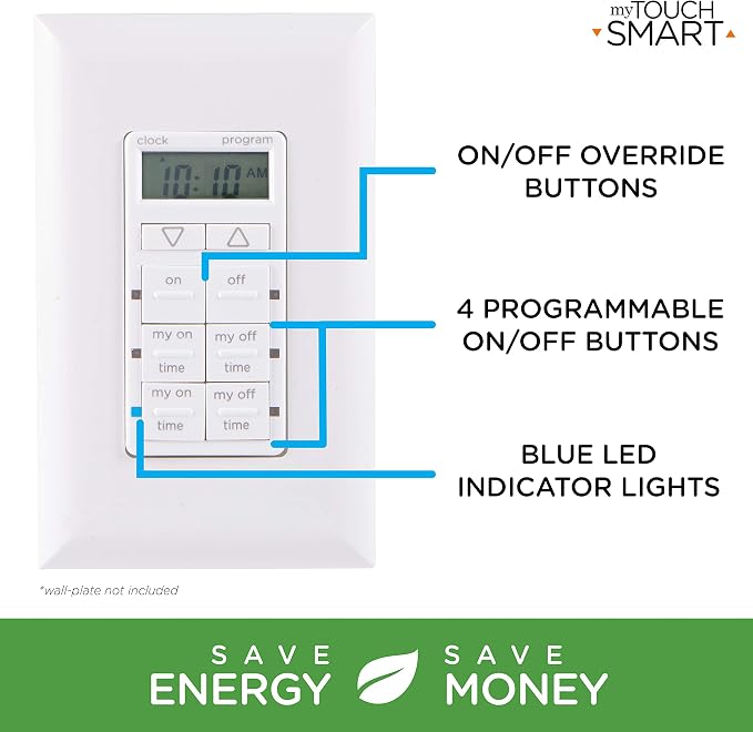 myTouchSmart in-Wall Digital Timer,4 Programmable On/Off Buttons,2 Easy On/Off Buttons,24 Hour Daily Cycles,Blue LED Indicators with Battery Backup for Indoor/Outdoor Lights, Fans, 26893 (Pack of 3)