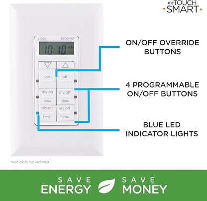myTouchSmart in-Wall Digital Timer,4 Programmable On/Off Buttons,2 Easy On/Off Buttons,24 Hour Daily Cycles,Blue LED Indicators with Battery Backup for Indoor/Outdoor Lights, Fans, 26893 (Pack of 3)