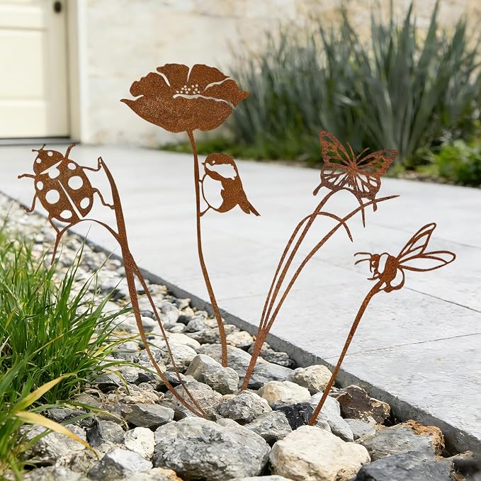 4-Pack Metal Garden Stakes for Outdoor, Rustic Bird Bee Butterfly Ladybug | Outdoor-Resistant Metal, Vintage Rust Finish, Cute Insect Shapes, For Flower Bed Planters Patio Lawn, Gifts for Garden Lovers