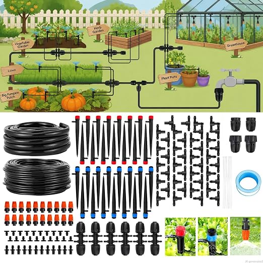 240FT Drip Irrigation System kit, Upgrade Automatic Garden Watering Kit with 1/2 inch Main Tubing ＆1/4 inch Distribution Hose, Quick-Connect Drip Irrigation Kit for Raised Bed, Greenhouse, Lawn, Patio