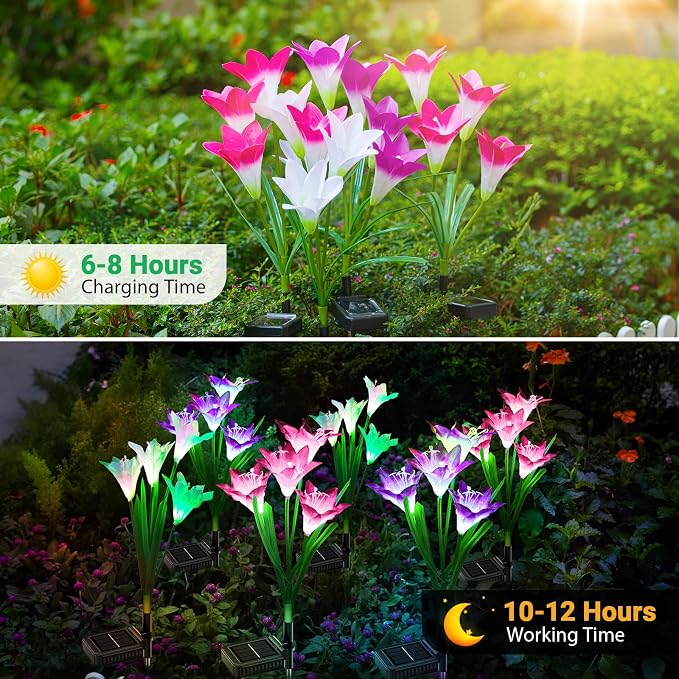 WdtPro Solar Outdoor Lights Garden Decorative 10 Pack, Waterproof Solar Garden Lights with 40 Lily Flowers, Multi-Color Changing Outdoor Solar Lights for Yard Outside Decorations