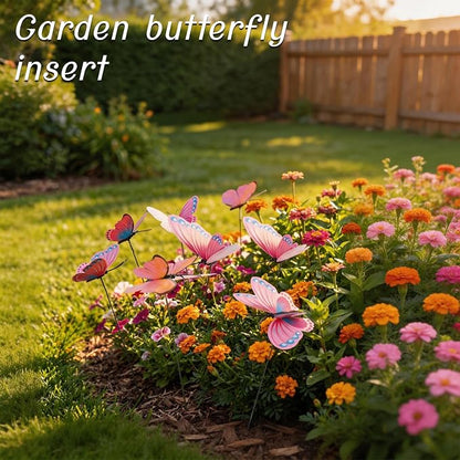 30PCS Pink Butterfly Decor Fake Butterfly Garden Picks for Outdoor Decor | 3D Double Layer Waterproof Butterfly Decorative Garden Stakes for Flower Arrangements Outdoor Indoor Spring Garden Decor