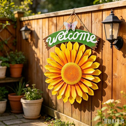 1 Pcs Metal Hanging Wind Spinners with Welcome Sign, 11.8 inch, Orange | Metal Sunflower Welcome Sign with Butterfly, Outdoor metal wall art decor, outside wall art Gardon decoration