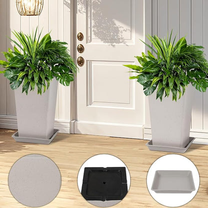 Neoaider Set of 2 Tall Planter, 21 inch Large Plastic Planter, Light Gray | Ceramic-Look, Lightweight, Built-in Drain Hole, Saucers, Tall Outdoor Planter for Porch, Garden, Patio, Balcony