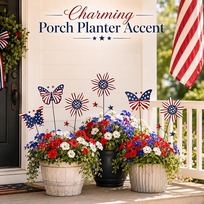 6Pack 4th of July Decorations Outdoor, 18.6Inch Patriotic Metal Flowers Butterfly Decorative Garden Stakes for Independence Day, Americana Patriotic Yard Signs Decor for Garden Lawn Porch