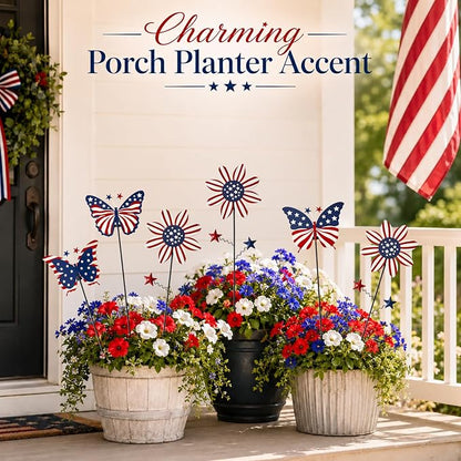 6Pack 4th of July Decorations Outdoor, 18.6Inch Patriotic Metal Flowers Butterfly Decorative Garden Stakes for Independence Day, Americana Patriotic Yard Signs Decor for Garden Lawn Porch