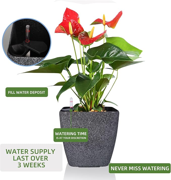 Dexceder 15x14 Self Watering Planter with Wheels (Stone Matte) | Inner Mat Design, Thickened Large Floor Standing Flower Plant Pot with Water Level Indicator Indoor Outdoor