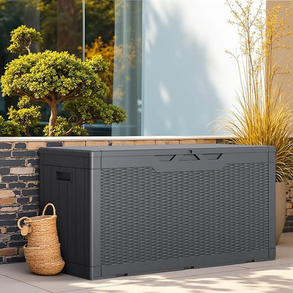 Greesum Outdoor Storage Box 100 Gallon Storage Bin with Lid for Patio Furniture, Garden Tools, Pool Supplies, Lockable, Waterproof and UV Resistant, Gray
