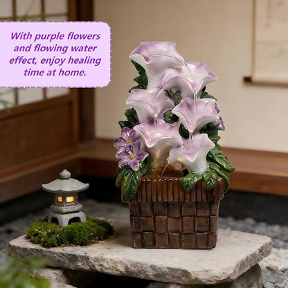 Tabletop Water Fountain Purple Water Fountains Indoor Morning Glory Themed Lavender Desk Fountain with Light for Home Heavenly Blue Zen Water Fountain for Room Relaxation Meditation(Lavender)