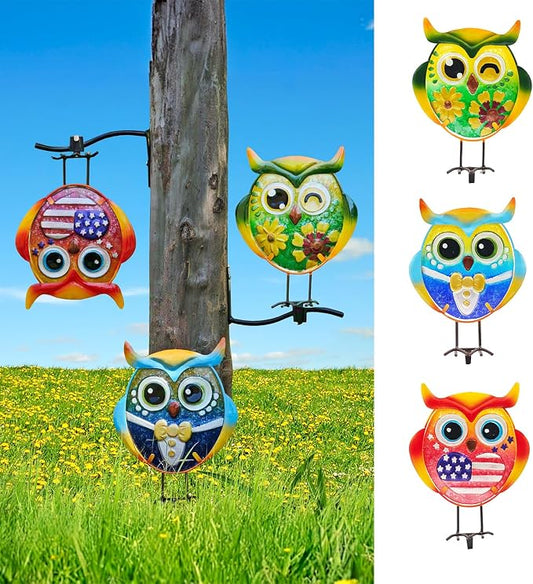 Owl Garden Decor for Outside, 3 Pack Metal & Glass Owl Yard Art, Lawn Ornaments Outdoor Decor for Porch Patio, Housewarming Birthday Gifts for Grandma Mom Women