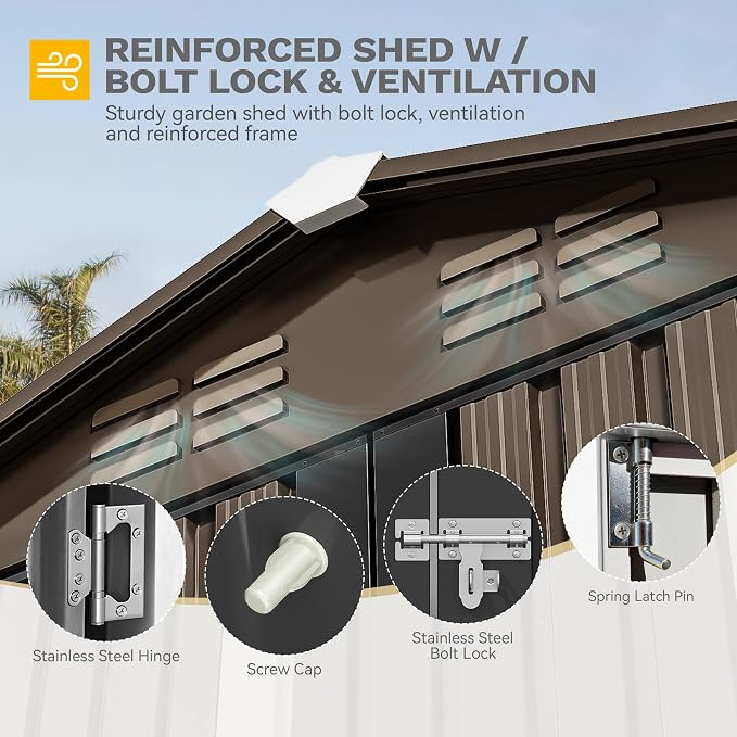 DWVO 6x4ft Metal Outdoor Storage Shed, Waterproof Tool Shed Heavy-Duty Storage Unit with Lockable Door and Vents, Ideal for Bicycles, Tools, Lawnmowers, Backyards, Patios, Lawns - Brown