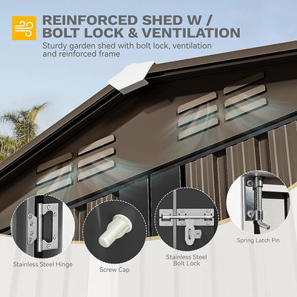 DWVO 6x4ft Metal Outdoor Storage Shed, Waterproof Tool Shed Heavy-Duty Storage Unit with Lockable Door and Vents, Ideal for Bicycles, Tools, Lawnmowers, Backyards, Patios, Lawns - Brown