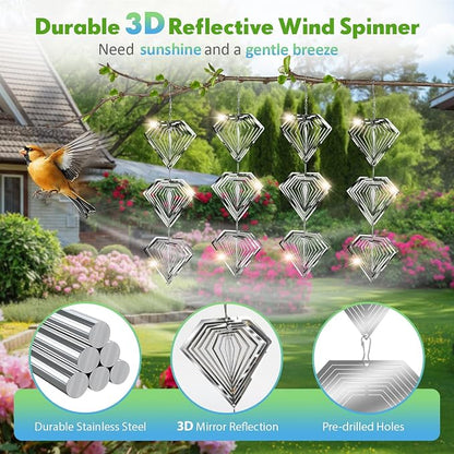 Bird Deterrents for Outside, 12 Discs Stainless Steel 3D Wind Spinners Garden Decor, 4 Sets Reflective Bird Scare Devices to Keep Woodpeckers, Pigeons Away from Patio, Balcony, Porch, Deck