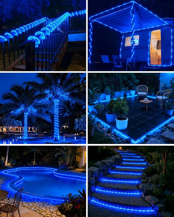 btfarm Solar Rope Lights, 120LED 46FT Solar String Lights Outdoor Waterproof, 8 Lighting Modes Solar Powered Strip Trampoline Light for Outside Garden Tree Christmas Yard Patio Decor, Blue
