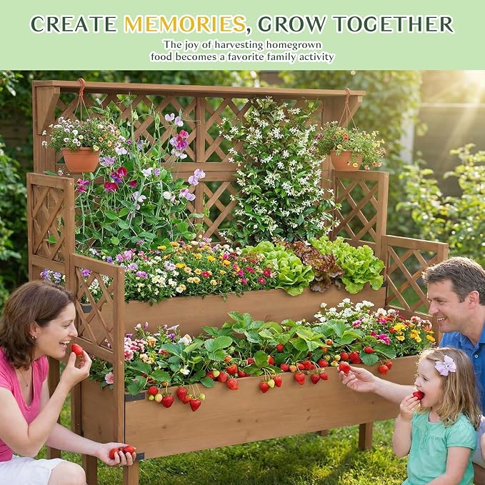 Raised Garden Bed with Trellis, 47''H Outdoor Flower Plant Stand with Two Planting Areas, Top Shelf, Liner, Elevated Garden Beds for Climbing Plants, Herb, Gift for Gardening, Brown