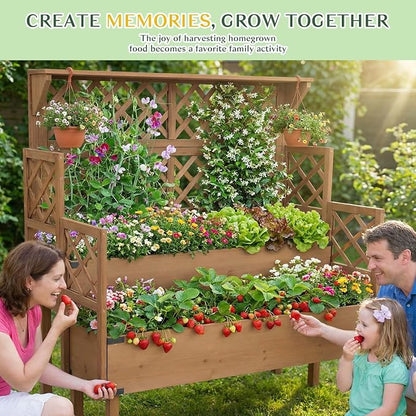 Raised Garden Bed with Trellis, 47''H Outdoor Flower Plant Stand with Two Planting Areas, Top Shelf, Liner, Elevated Garden Beds for Climbing Plants, Herb, Gift for Gardening, Brown