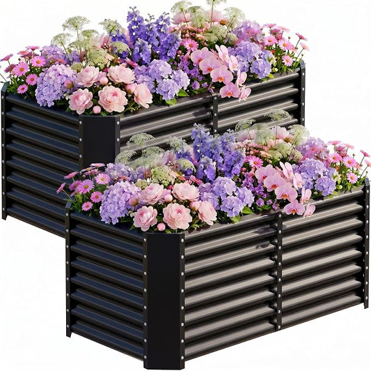 AHEONLAR 2 Pack 4×2×2ft Galvanized Raised Garden Beds, Rectangle Durable Planter Boxes Outdoor for Vegetables, Fruits, Flowers and Plants, Quick Assembly, Black