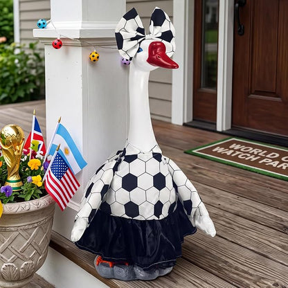 20" Large Porch Goose Statue + 2 Set Soccer Goose Outfits, Outdoor Statue, Football Match Decorations, Weather Resistant Yard Decor for World Cup Game Day Decor, Soccer Fan Gift