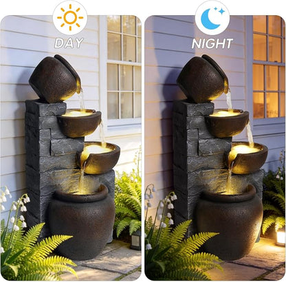 25.6" Outdoor Waterfall Fountain, Small Outdoor Fountain with LEDLights, Cracked Pot Tiered Design Garden Water Feature, Freestanding Resin Fountain for Patio Porch Backyard, Grayish Brown