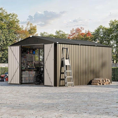 Garvee 10x12FT Metal Shed: Lockable, Windowed Steel Yard Storage, Brown. | Rust-resistant galvanized steel – withstands harsh weather for years.