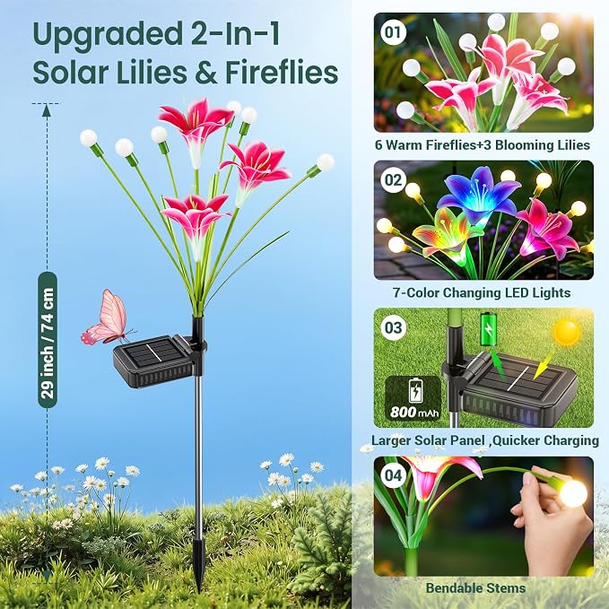 Solar Garden Lights Outdoor: 4 Pack 2-in-1 Color Changing Solar Lily Flower Lights with Firefly Swaying Light, Waterproof Garden Decor for Yard Patio Flowerbed Lawn, Gardening Gifts for Women