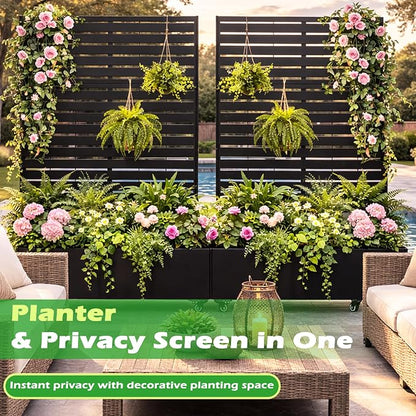 Metal Planter Box with Trellis, 43” L x 16” W x 71” H Raised Garden Bed with Wheels, Privacy Planters for Patio, Metal Planter Box with Drainage Holes, Black